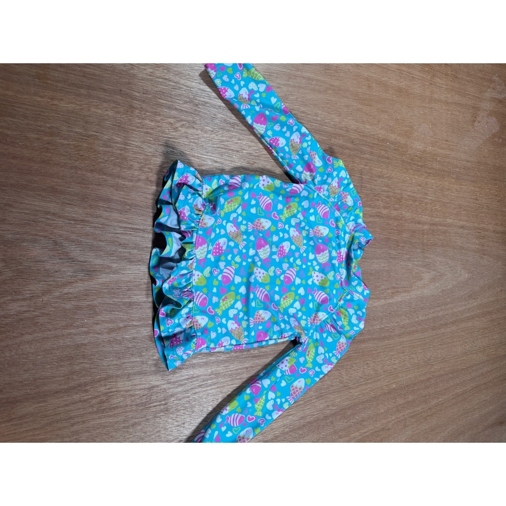 Flap Happy Rash Guard Kids Size 3 Blue Fish Heart Print Long Sleeve Ruffle Swim
